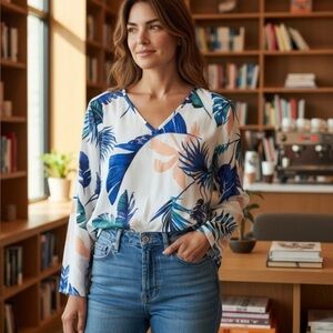 Peace Love Cake Tropical Leaf Print V-Neck Long Sleeve Blouse Small